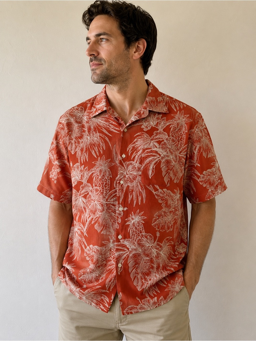 Tasso Elba Island Men’s Large Silk Linen Hawaiian Camp Shirt Orange Tropical